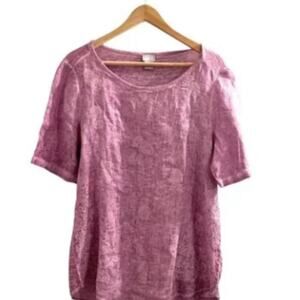 Chicos Size M Washed Magenta 100% Linen Blouse Embroidered Floral Pattern
